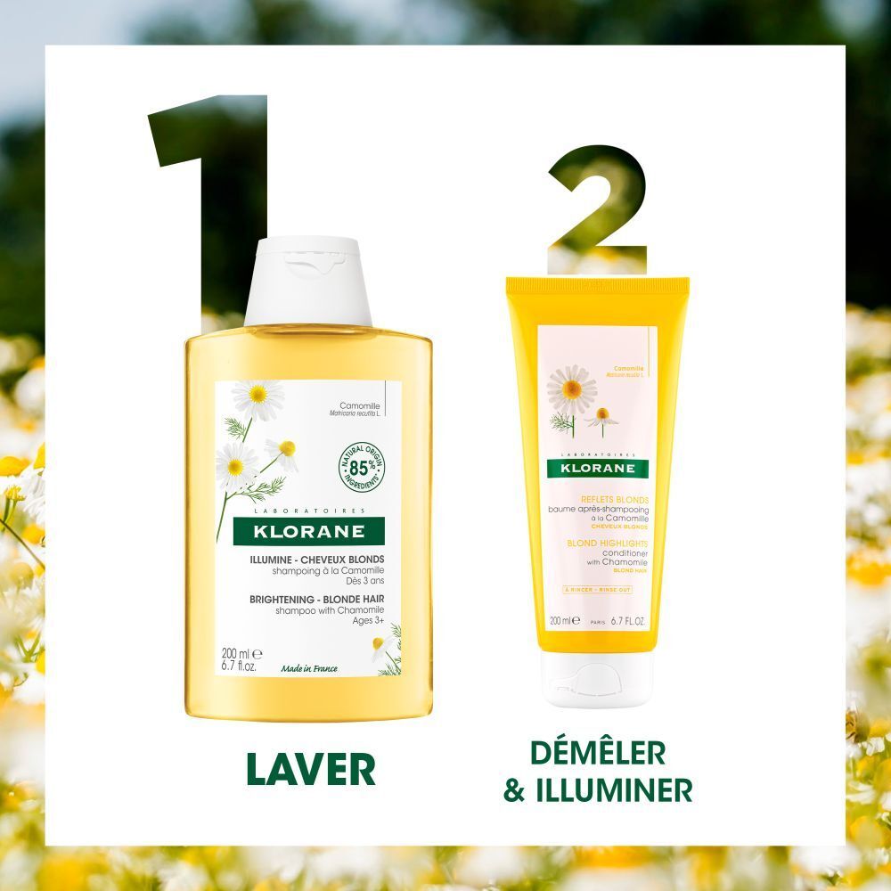 Dos du flacon de shampooing KLORANE à la camomille. Texte et logos.