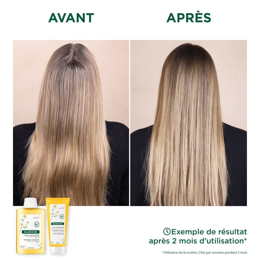 Shampooing KLORANE à la camomille. Flacon, vue de face. Bouchon blanc, liquide jaune, étiquette.