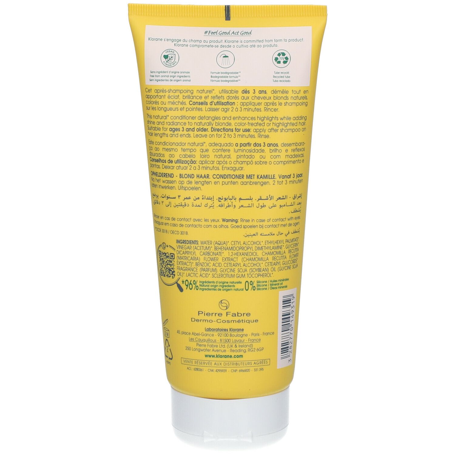 Dos du tube jaune. Texte multilingue. Ingrédients, code QR, logo et label Natural Origin 96%.