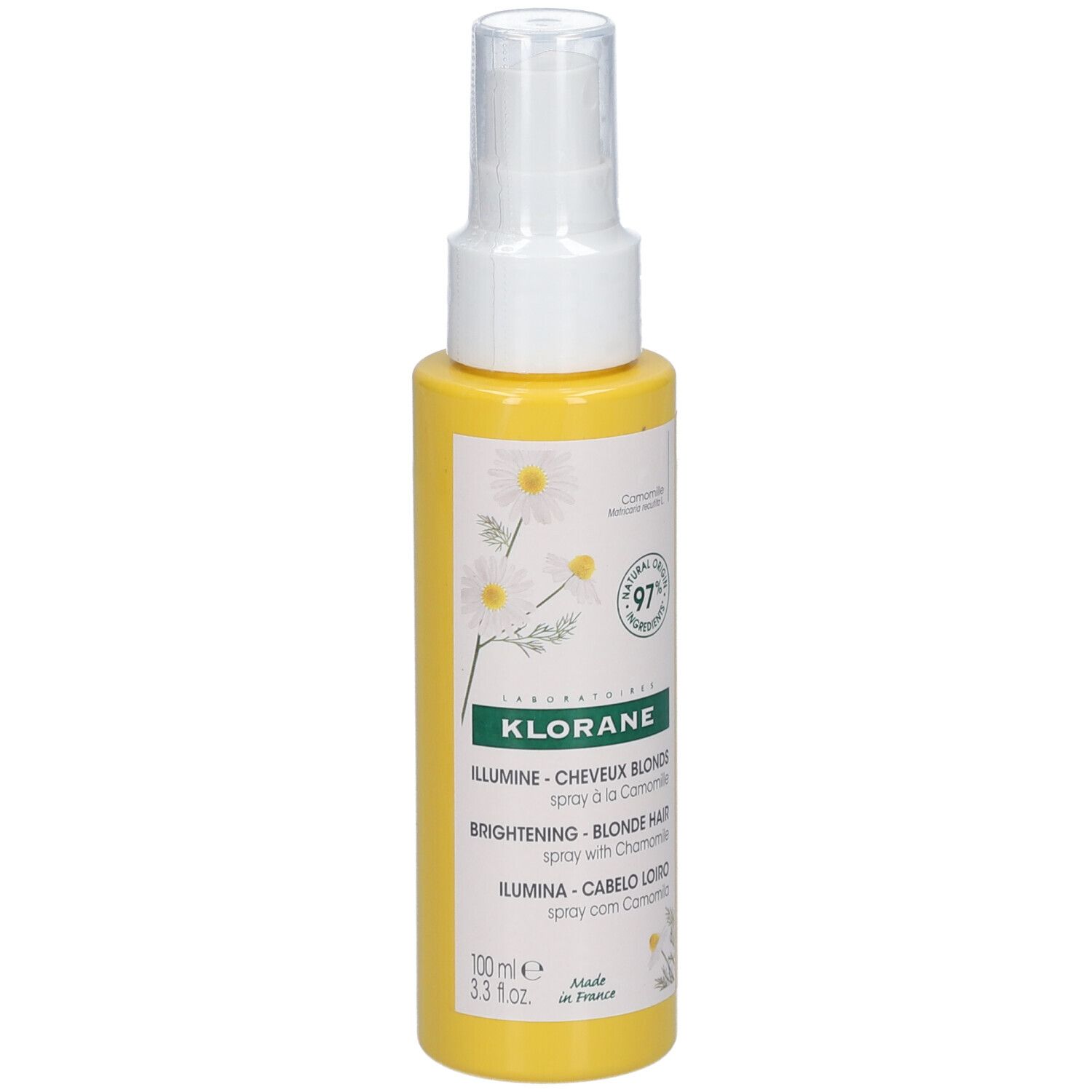 Gele fles met verstuiver. Opschrift: KLORANE, blonde haarverhelderende spray met kamille.