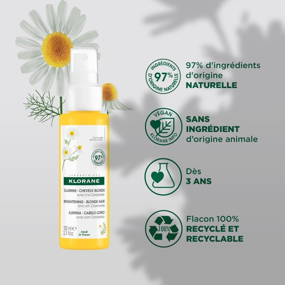 Image produit avec fleurs de camomille et texte. Contient 97% d'ingrédients naturels.