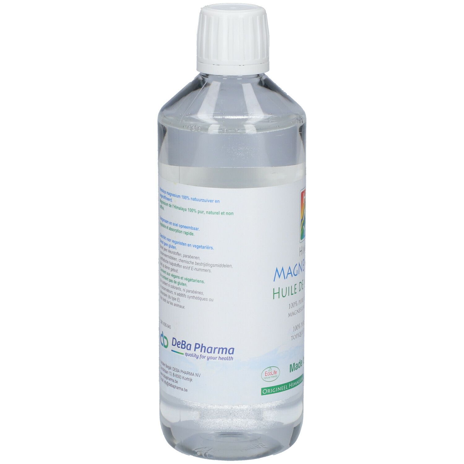 Fles met heldere vloeistof. Etiket met tekst en logo van DeBa Pharma. Witte dop.