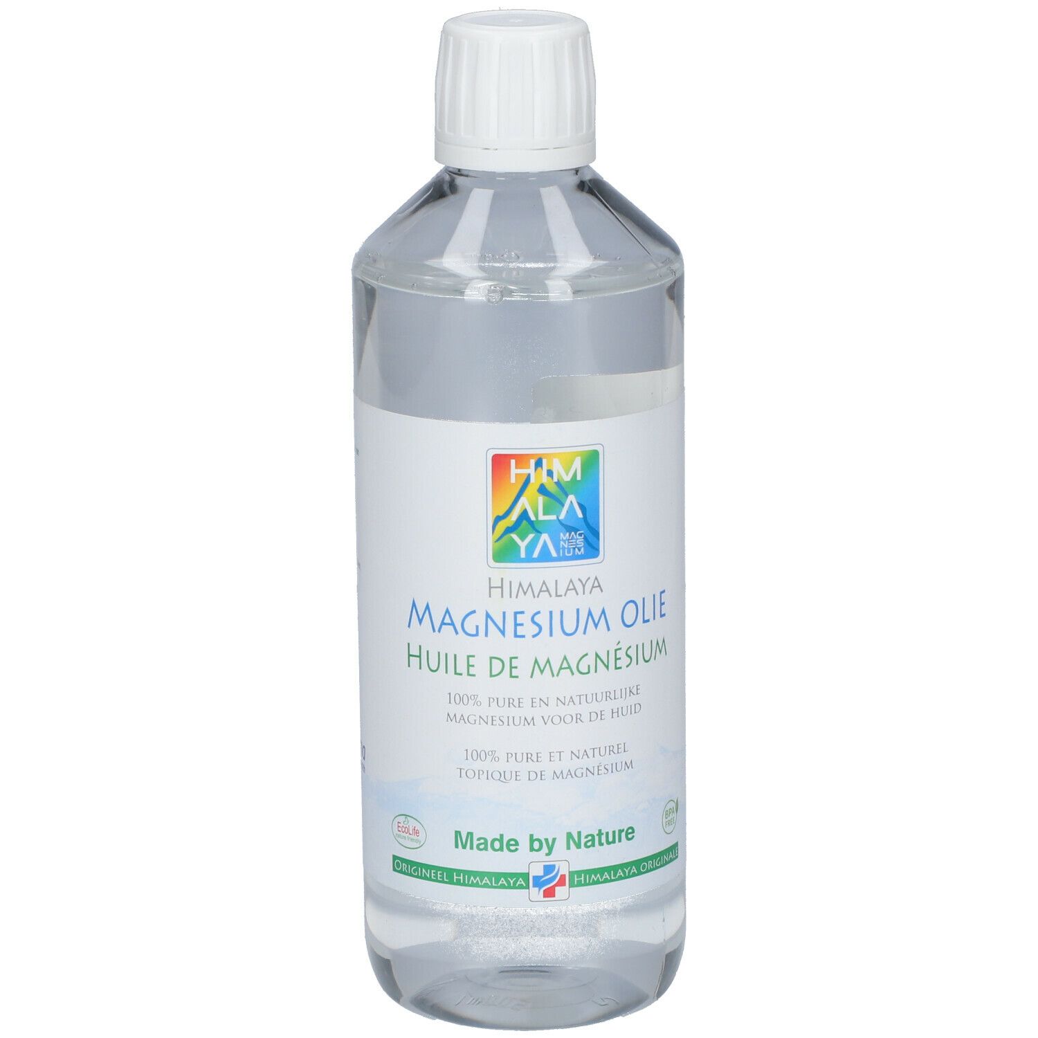 Fles met heldere vloeistof en witte dop. Etiket met "Himalaya Magnesium Öl" en logo.