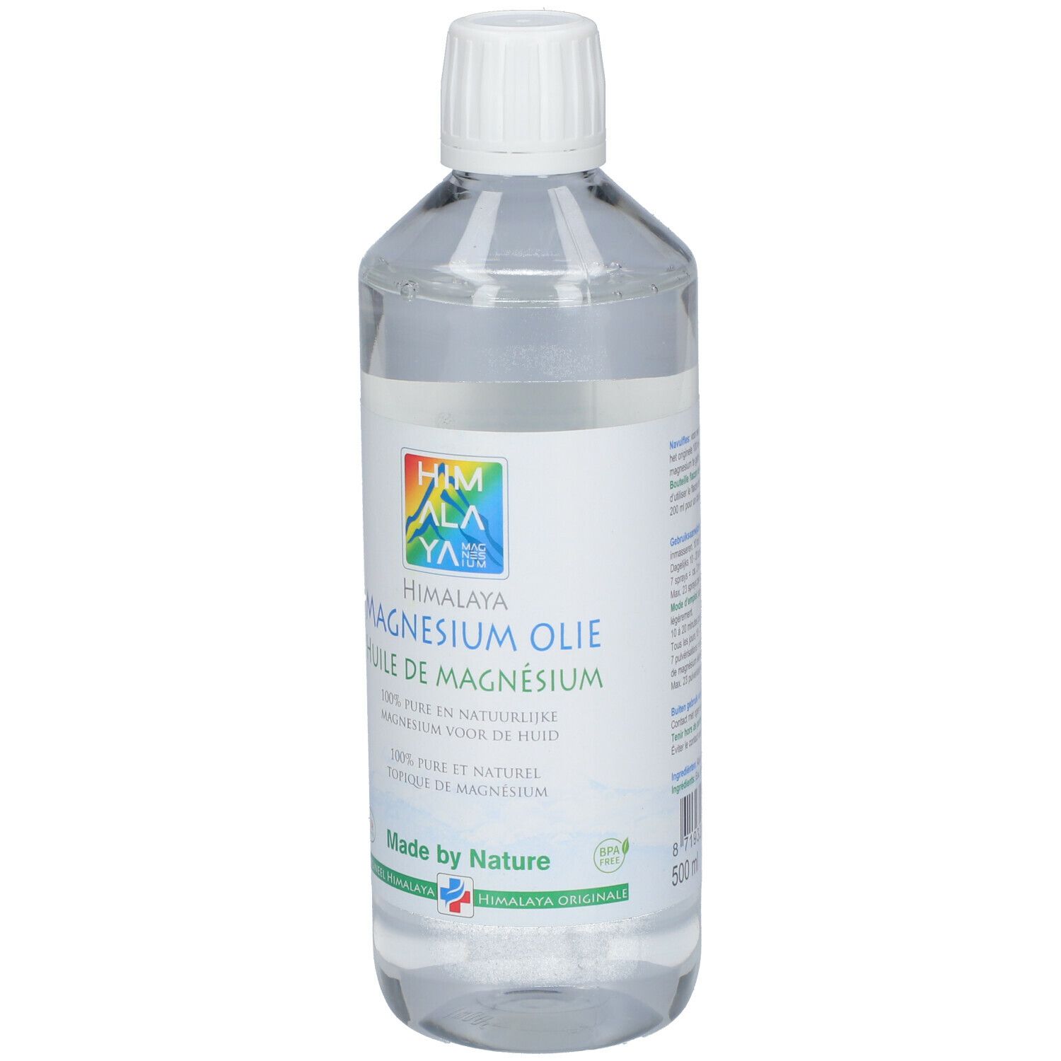 Fles met heldere vloeistof, witte dop. Etiket met "Himalaya Magnesium Öl", logo en volumeaanduiding.