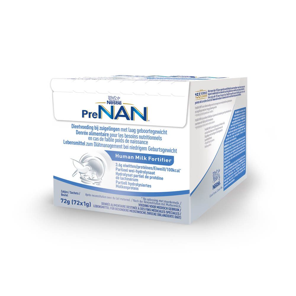 Boîte de PreNAN Human Milk Fortifier. Contient 72 sachets de 1g. Couleurs bleu et blanc. Texte en plusieurs langues.