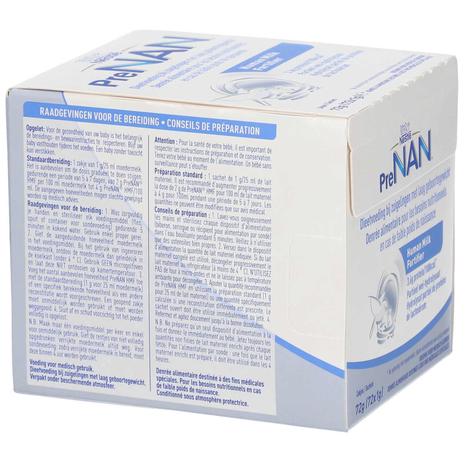Boîte de PreNAN Human Milk Fortifier. Contient des informations de préparation. Couleurs bleu et blanc. Texte en plusieurs langues.