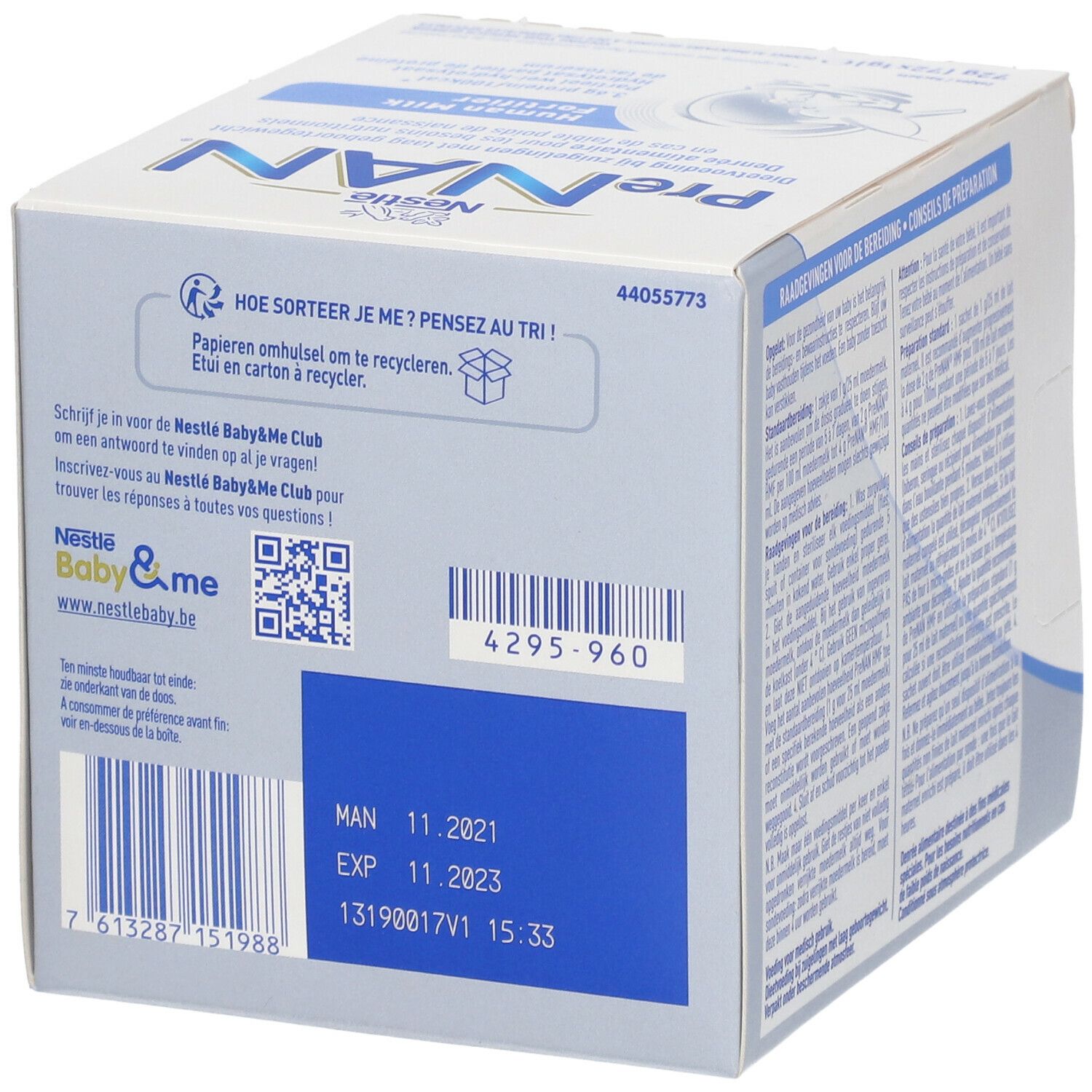 Dos de la boîte PreNAN Human Milk Fortifier. Contient des informations de recyclage, un QR code et une date de péremption. Texte multilingue.