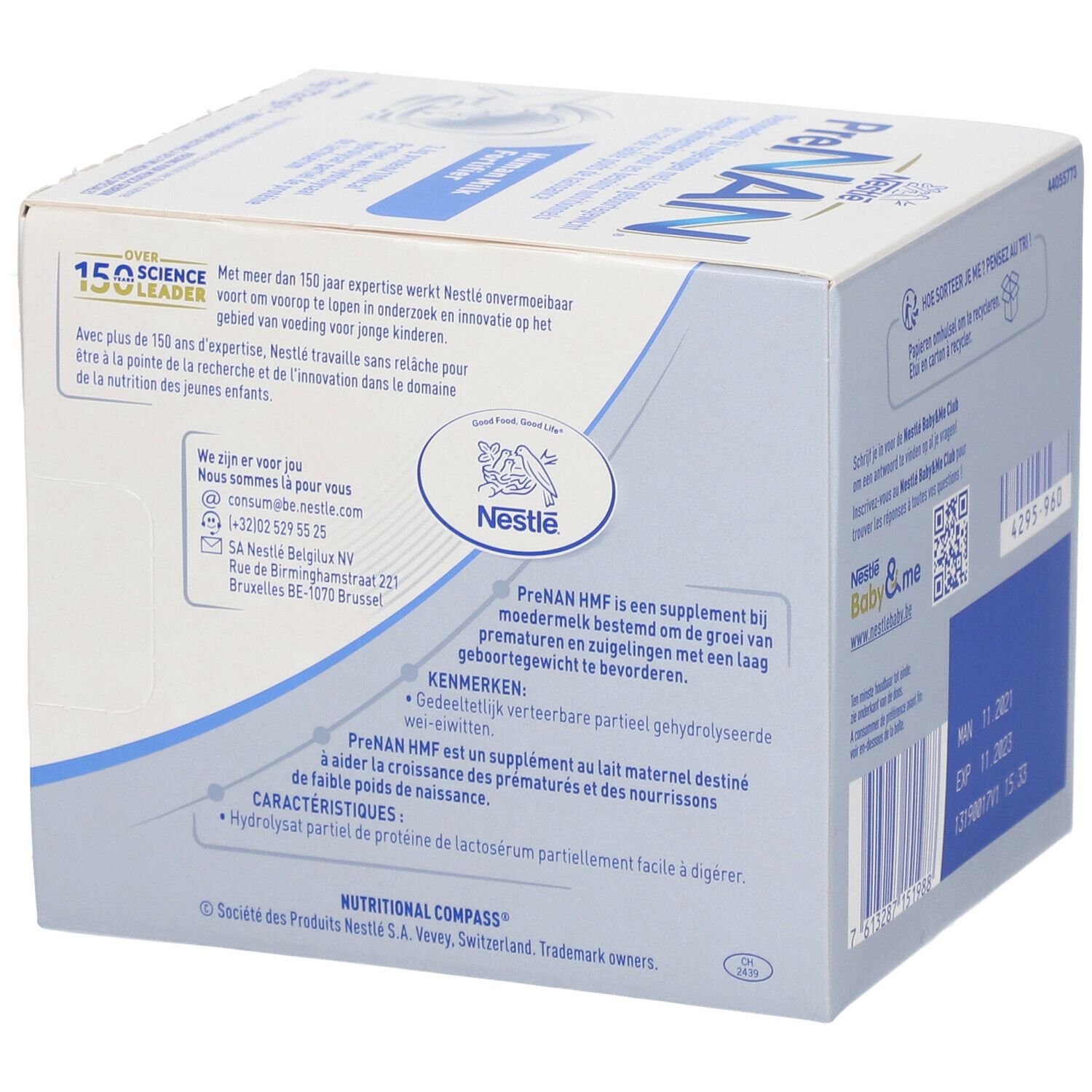 Dos de la boîte PreNAN Human Milk Fortifier. Contient des informations sur le produit et le fabricant. Texte multilingue.