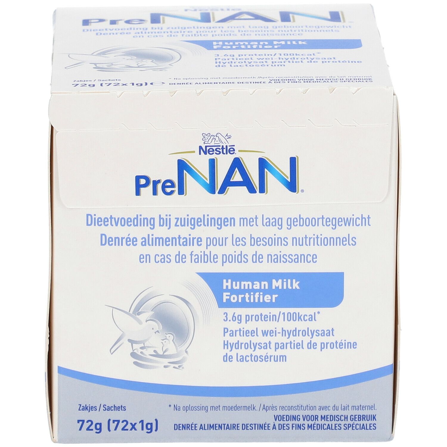 Boîte de PreNAN Human Milk Fortifier. Contient 72 sachets de 1g. Couleurs bleu et blanc. Texte en plusieurs langues.