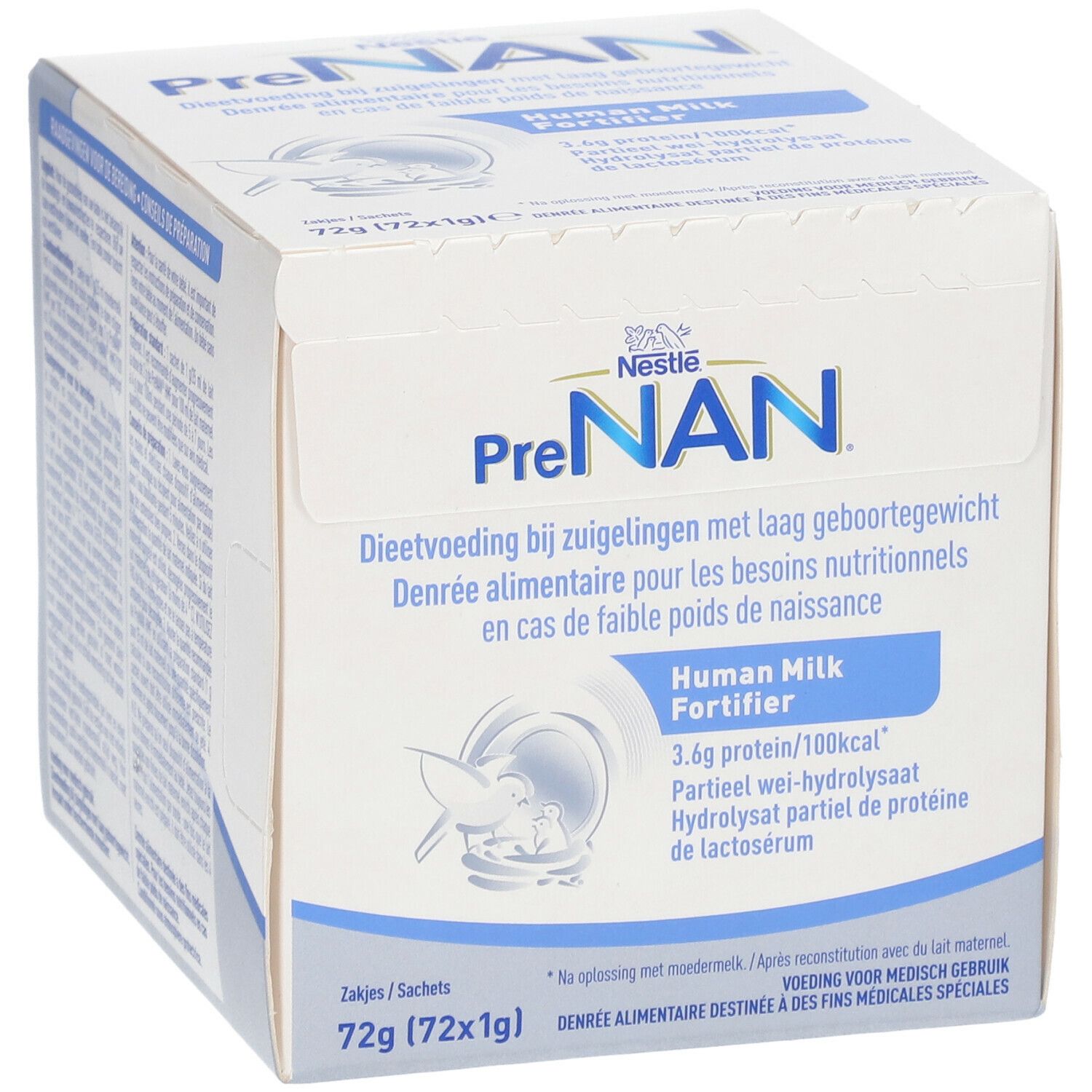 Boîte de PreNAN Human Milk Fortifier. Contient 72 sachets de 1g. Couleurs bleu et blanc. Texte en plusieurs langues.