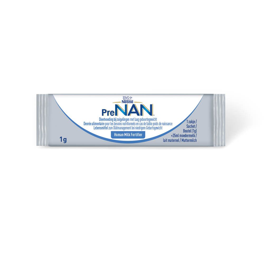 Sachet individuel de PreNAN Human Milk Fortifier. Contient 1g de poudre. Couleurs bleu et blanc. Texte multilingue.
