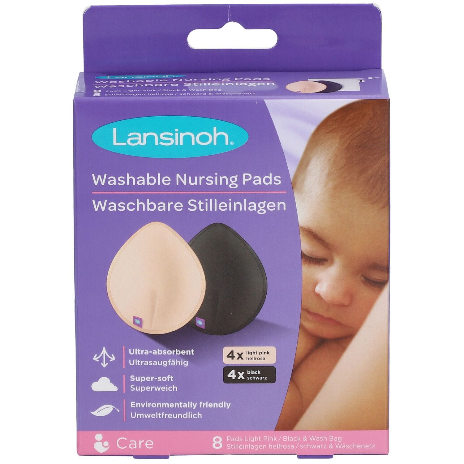 Verpakking met wasbare zoogcompressen. Twee pads, lichtroze en zwart, afgebeeld. Merk: Lansinoh.