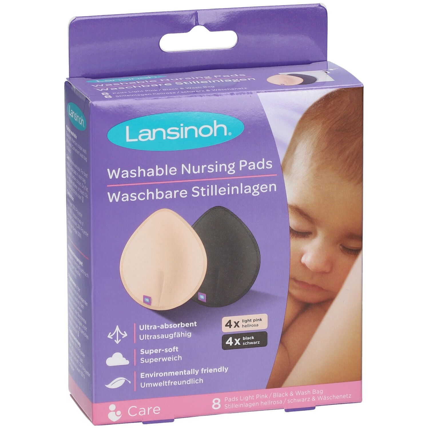 Verpakking met wasbare zoogcompressen. Twee pads, lichtroze en zwart, afgebeeld. Merk: Lansinoh.