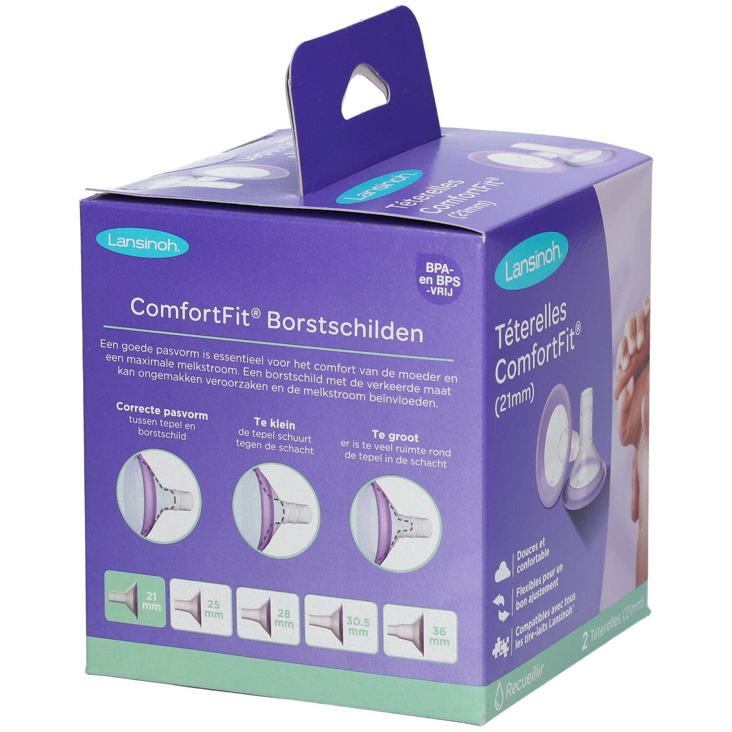 Dos de la boîte Lansinoh® ComforFit® (21mm). Diagrammes et informations produit.