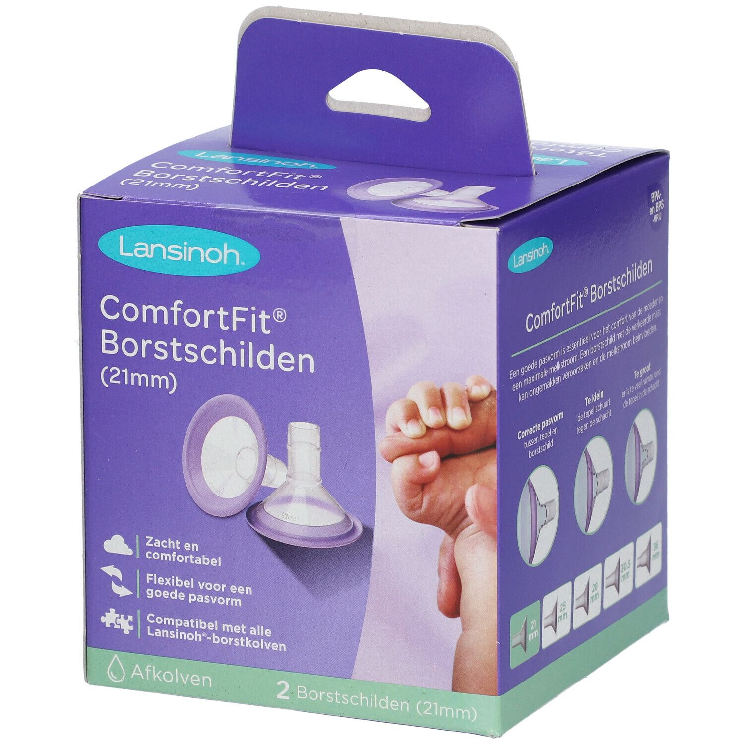 Boîte Lansinoh® ComforFit® (21mm) avec deux téterelles. Boîte violette avec image produit et texte.