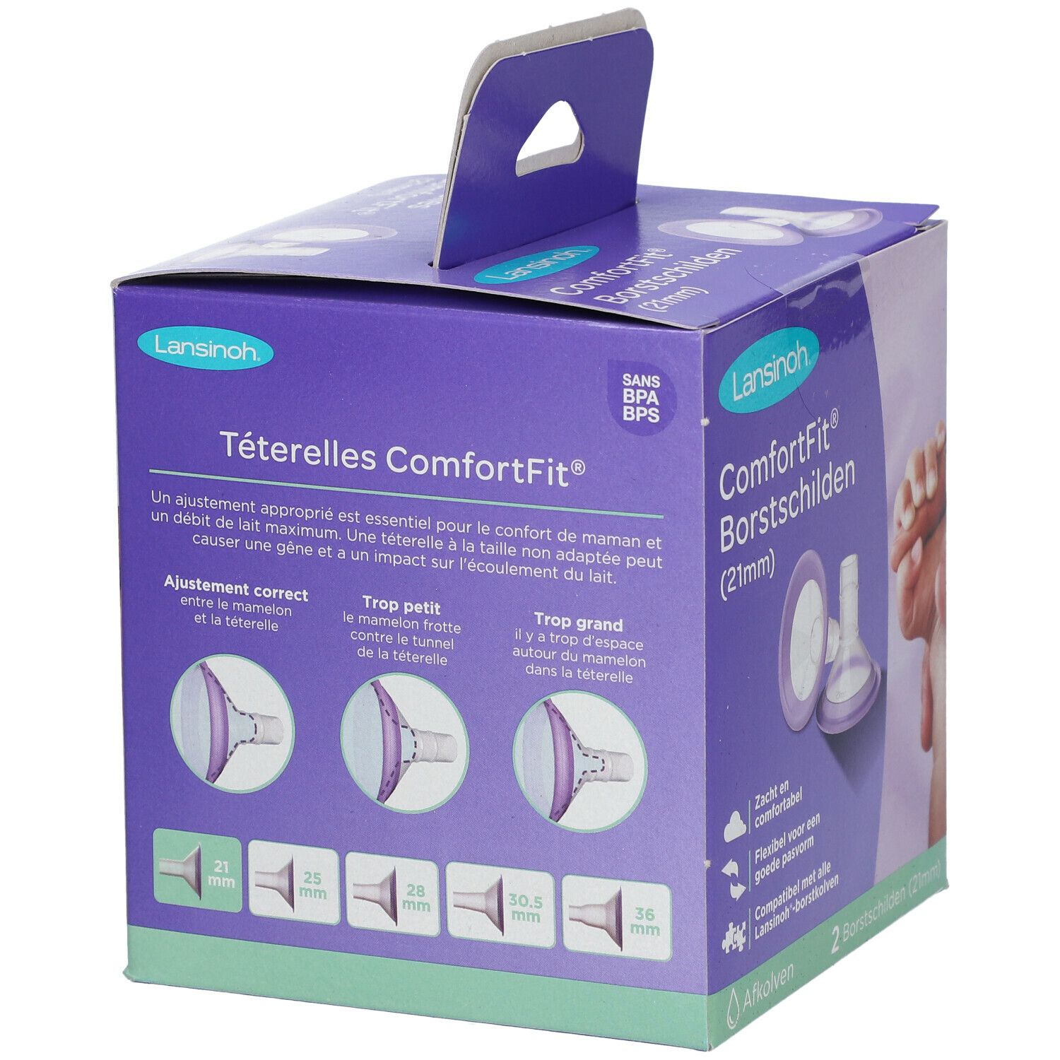 Dos de la boîte Lansinoh® ComforFit® (21mm). Diagrammes et informations produit.