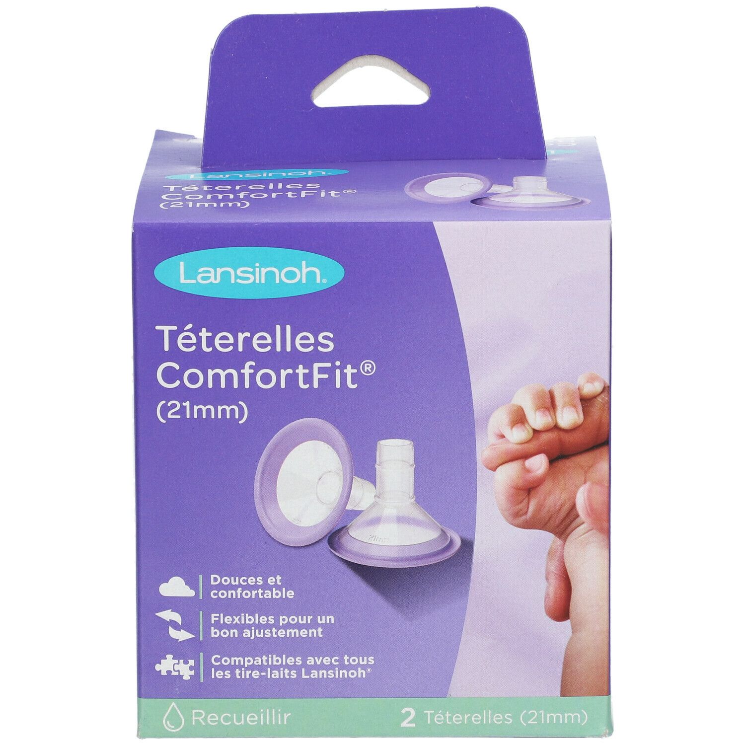 Boîte Lansinoh® ComforFit® (21mm) avec deux téterelles. Boîte violette avec image produit et texte.