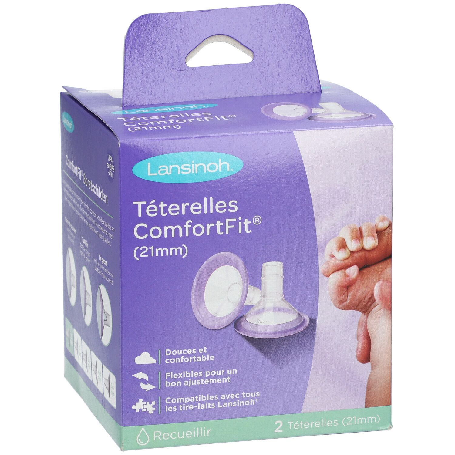 Boîte Lansinoh® ComforFit® (21mm) avec deux téterelles. Boîte violette avec image produit et texte.