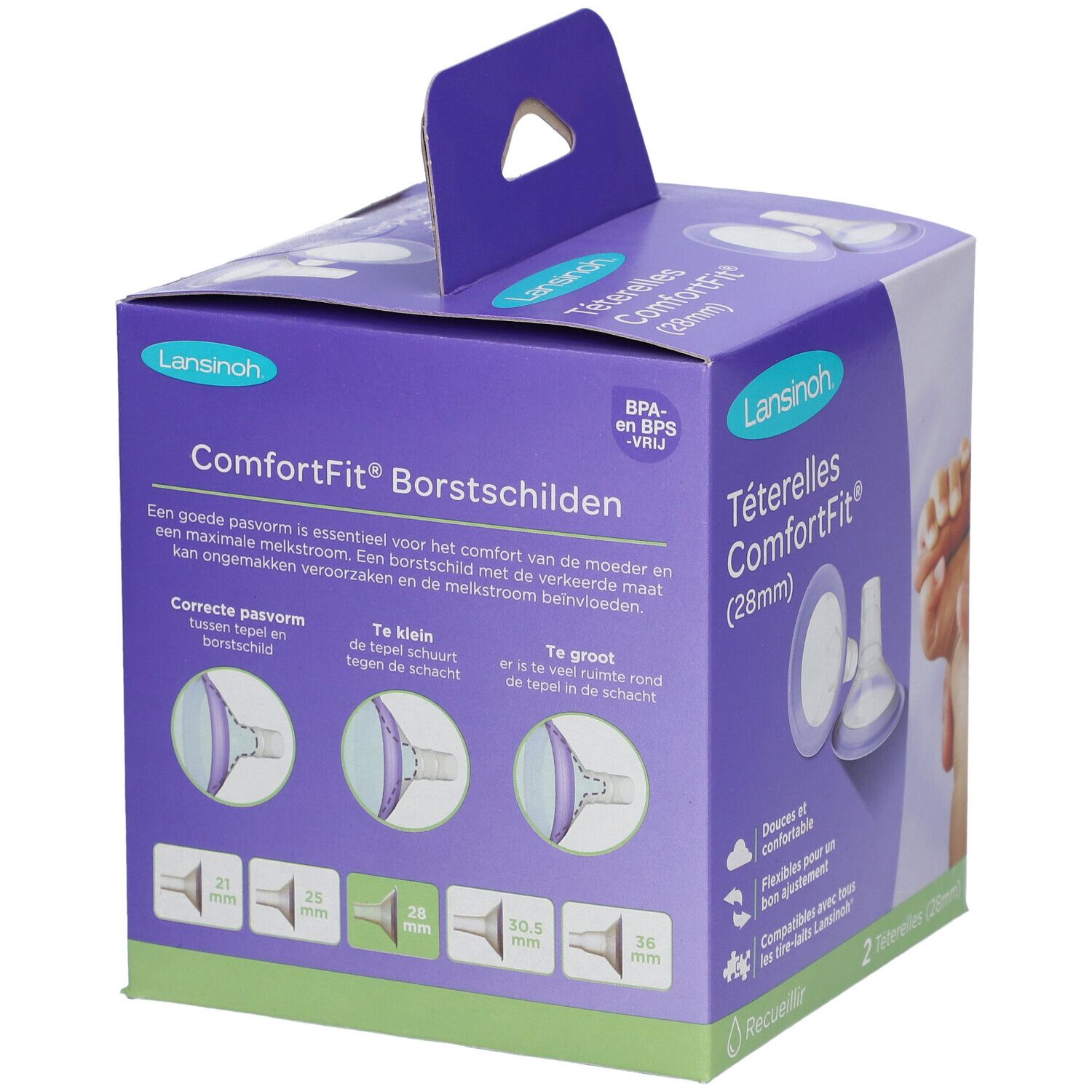 Verpackung mit zwei ComfortFit Borstschilden. Aufschrift: Lansinoh, ComfortFit (28mm). Diagramme zur Anpassung. BPA- und BPS-frei.