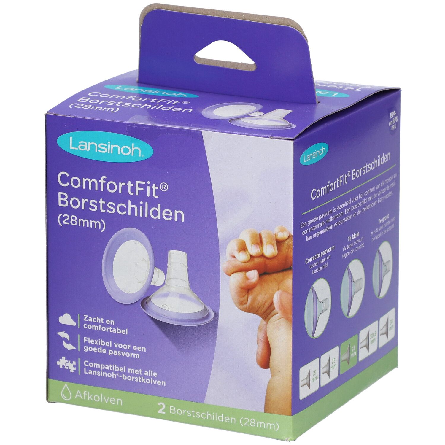 Verpackung mit zwei ComfortFit Borstschilden. Aufschrift: Lansinoh, ComfortFit (28mm). Abbildung eines Aufsatzes und einer Hand.