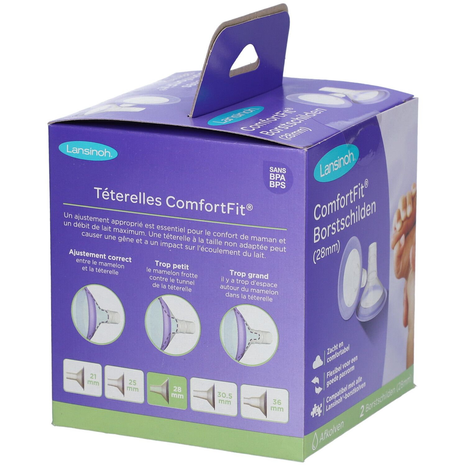 Verpackung mit zwei ComfortFit Borstschilden. Aufschrift: Lansinoh, ComfortFit (28mm). Diagramme zur Anpassung. BPA- und BPS-frei.