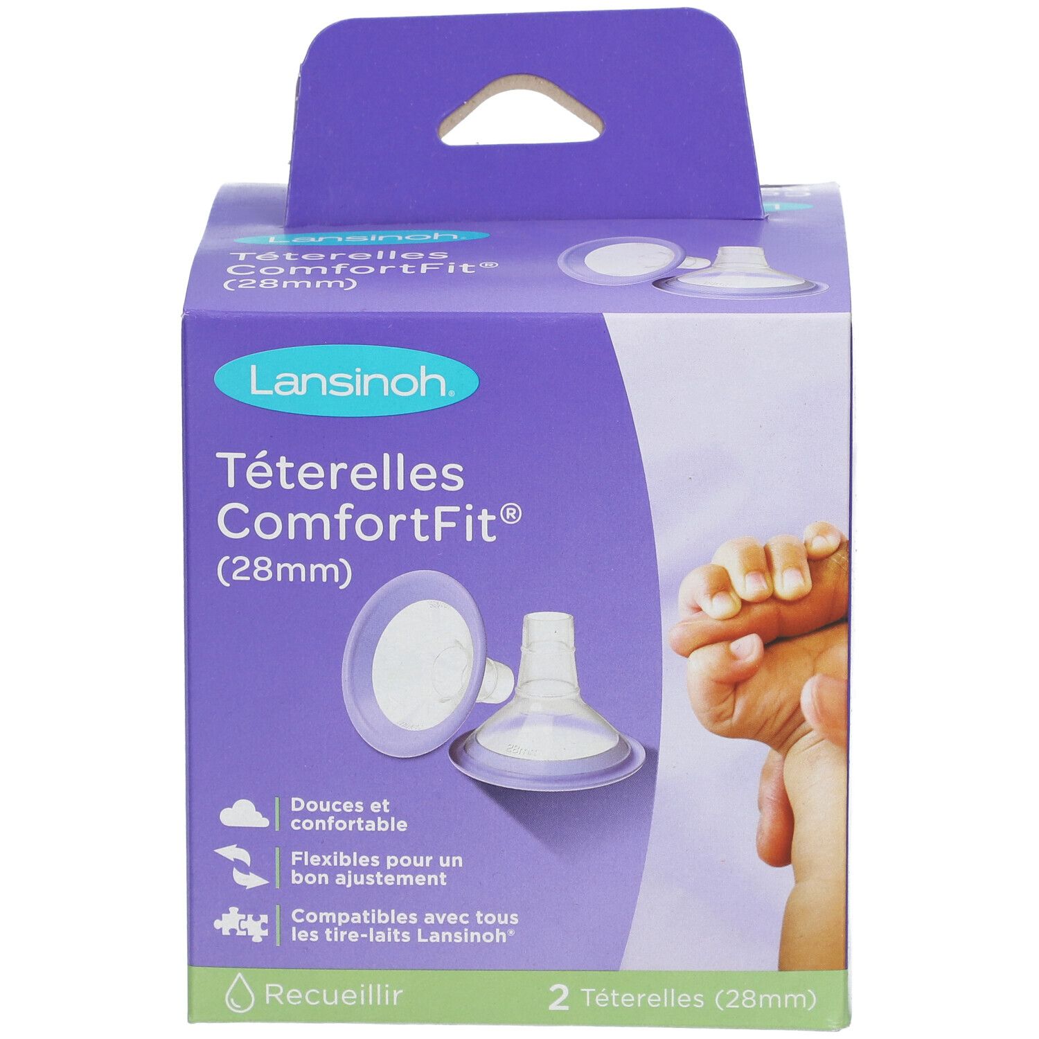 Verpackung mit zwei ComfortFit Saugaufsätzen. Aufschrift: Lansinoh, ComfortFit (28mm). Abbildung eines Aufsatzes und einer Hand.