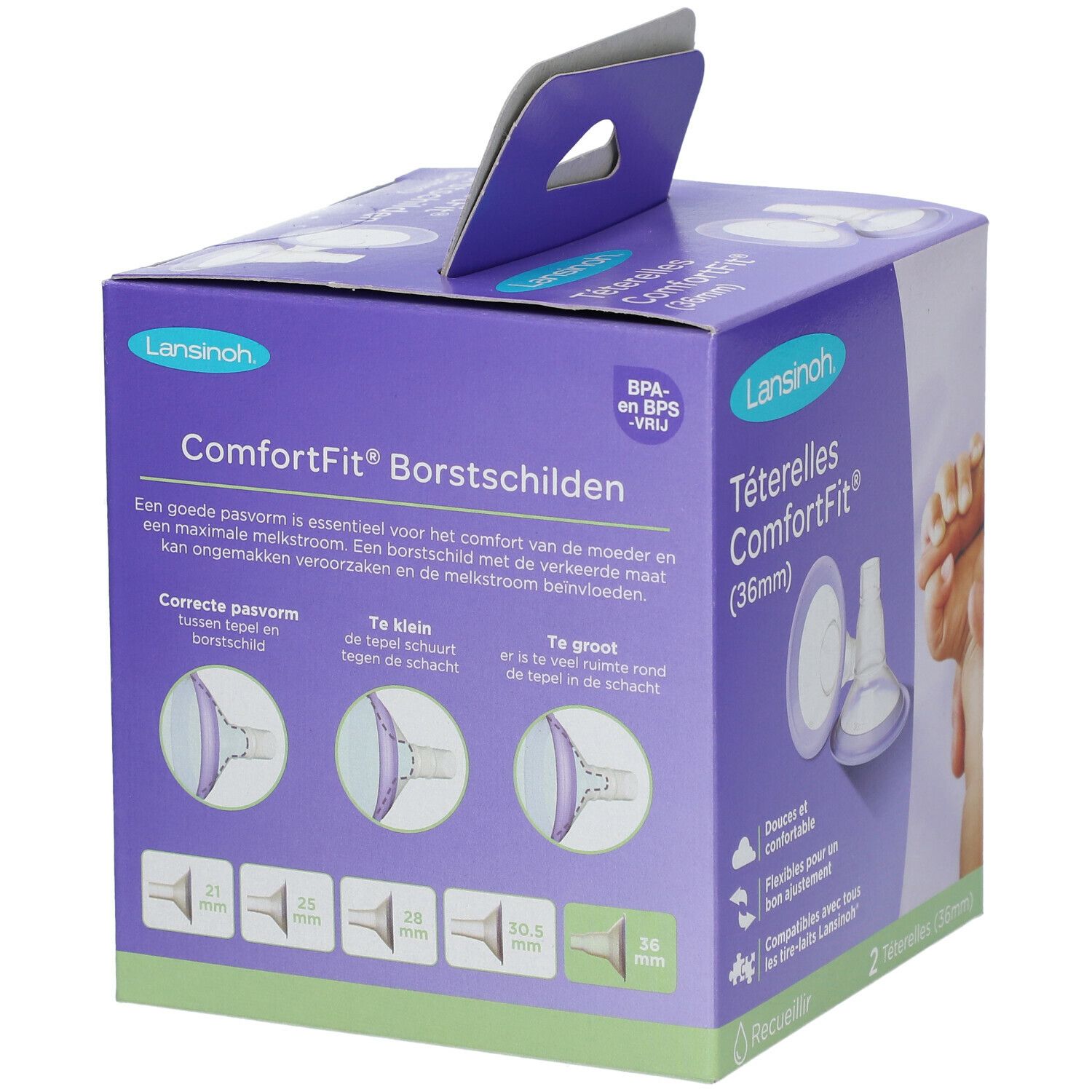 Verpackung von Lansinoh® ComforFit® Borstschilden 36mm. Lila Box mit Produktabbildung und Text. Zwei Borstschilden.