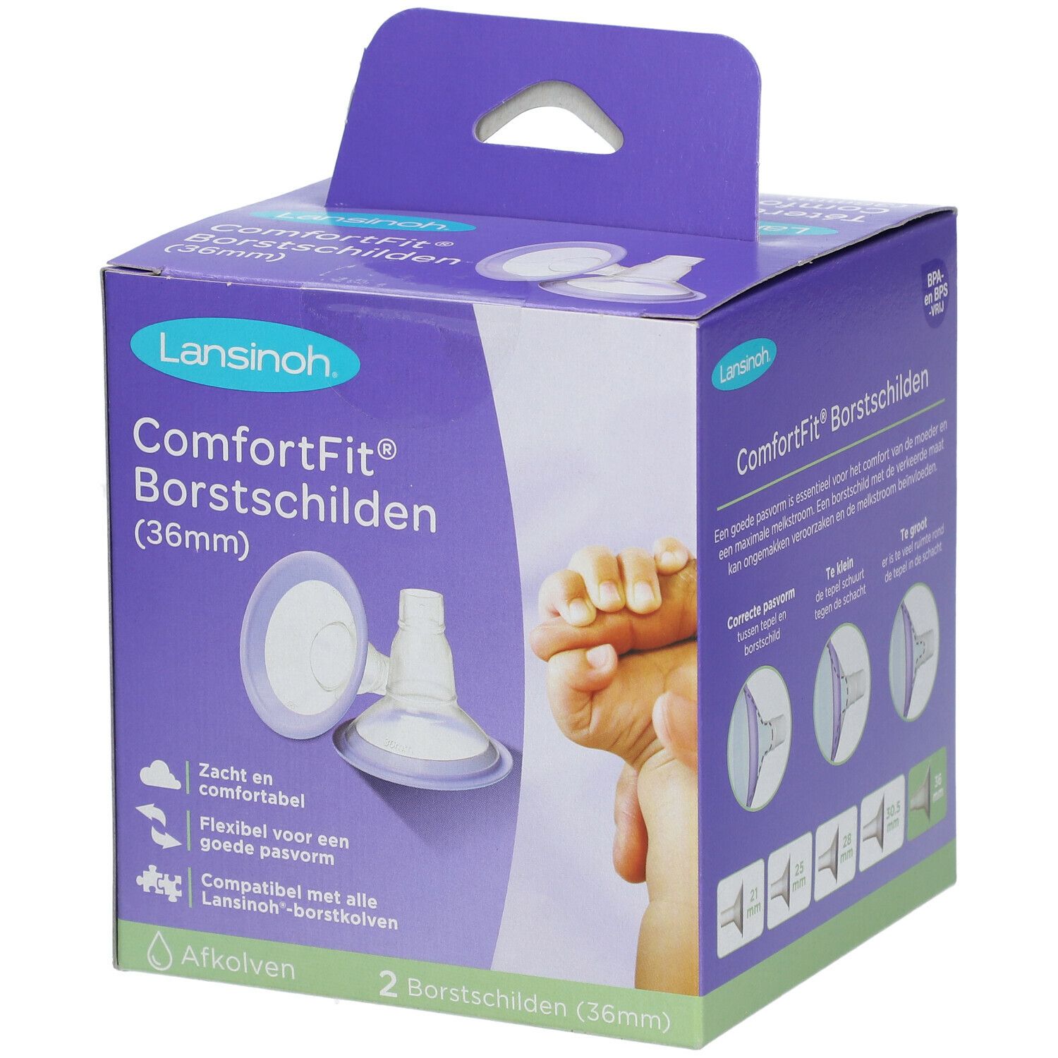 Verpackung von Lansinoh® ComforFit® Borstschilden 36mm. Lila Box mit Produktabbildung und Text. Zwei Borstschilden.