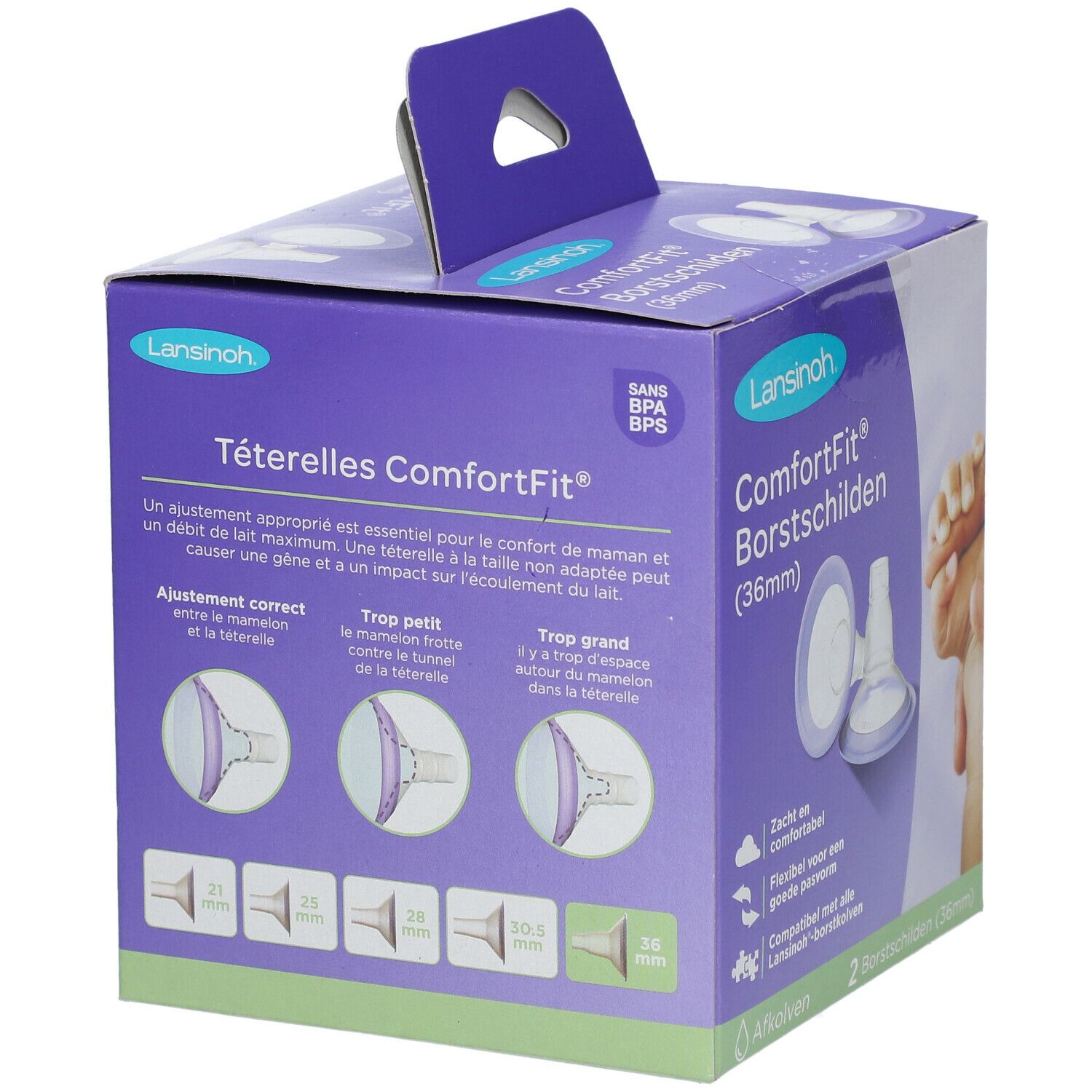 Verpackung von Lansinoh® ComforFit® Teterelles 36mm. Lila Box mit Produktabbildung und Text. Zwei Teterelles.