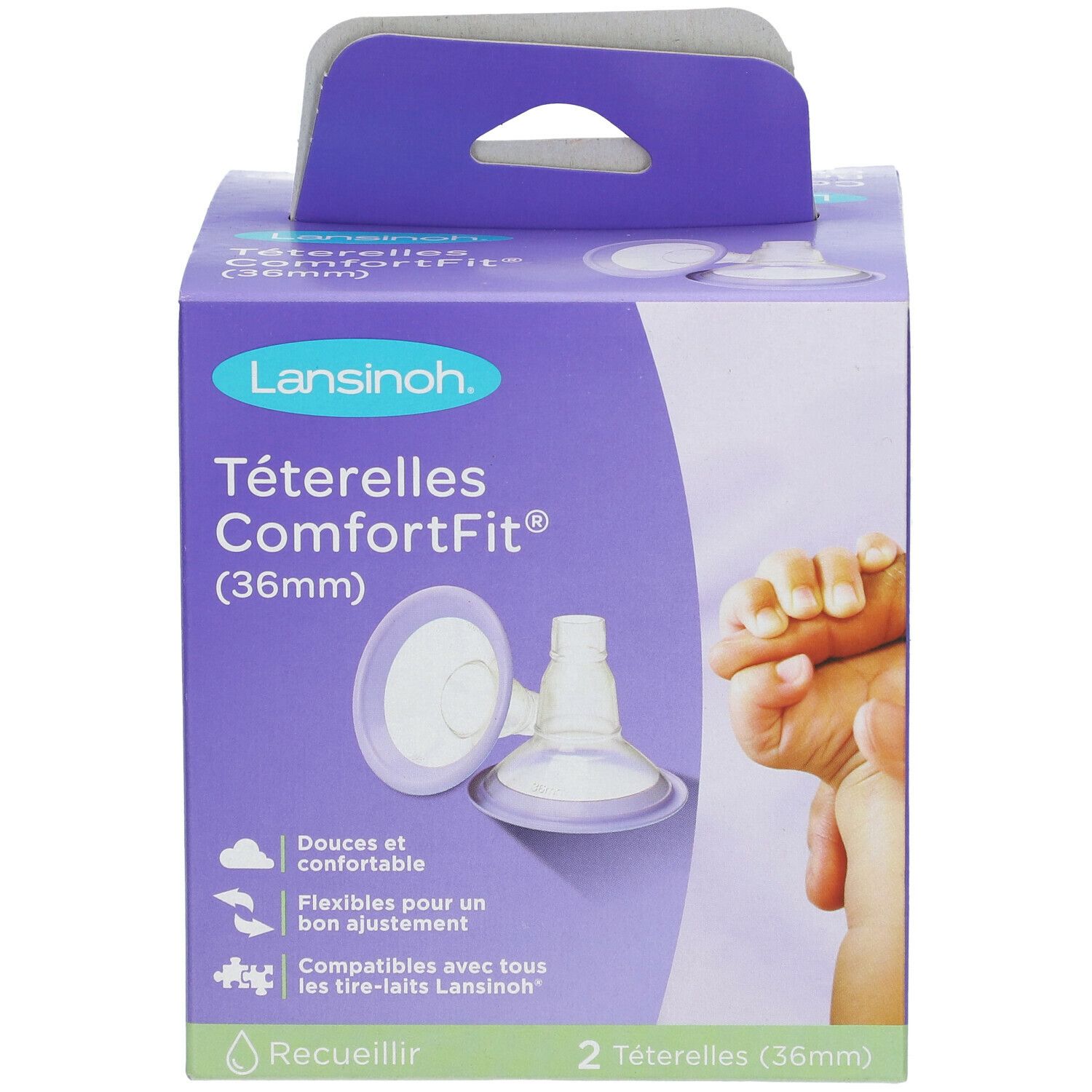 Verpackung von Lansinoh® ComforFit® Teterelles 36mm. Lila Box mit Produktabbildung und Text. Zwei Teterelles.
