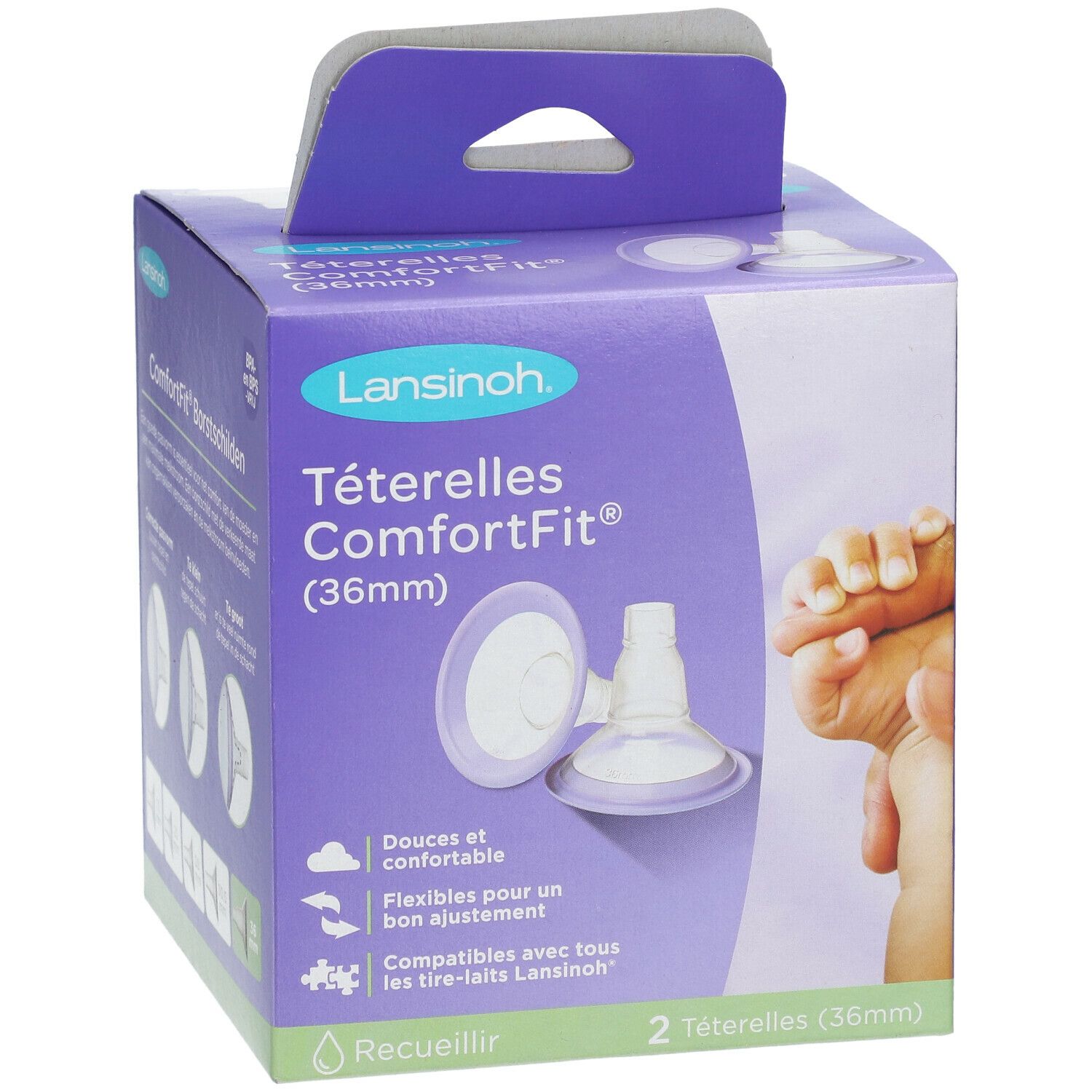 Verpackung von Lansinoh® ComforFit® Teterelles 36mm. Lila Box mit Produktabbildung und Text. Zwei Teterelles.