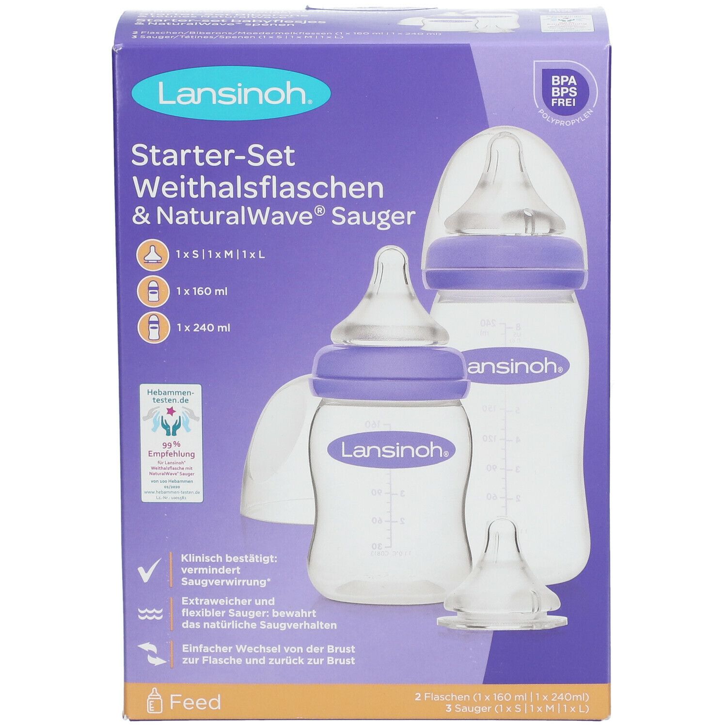 Verpakking met twee babyflessen en spenen. Flessen met paarse deksels en spenen. Tekst: Starter-Set, BPA-vrij.