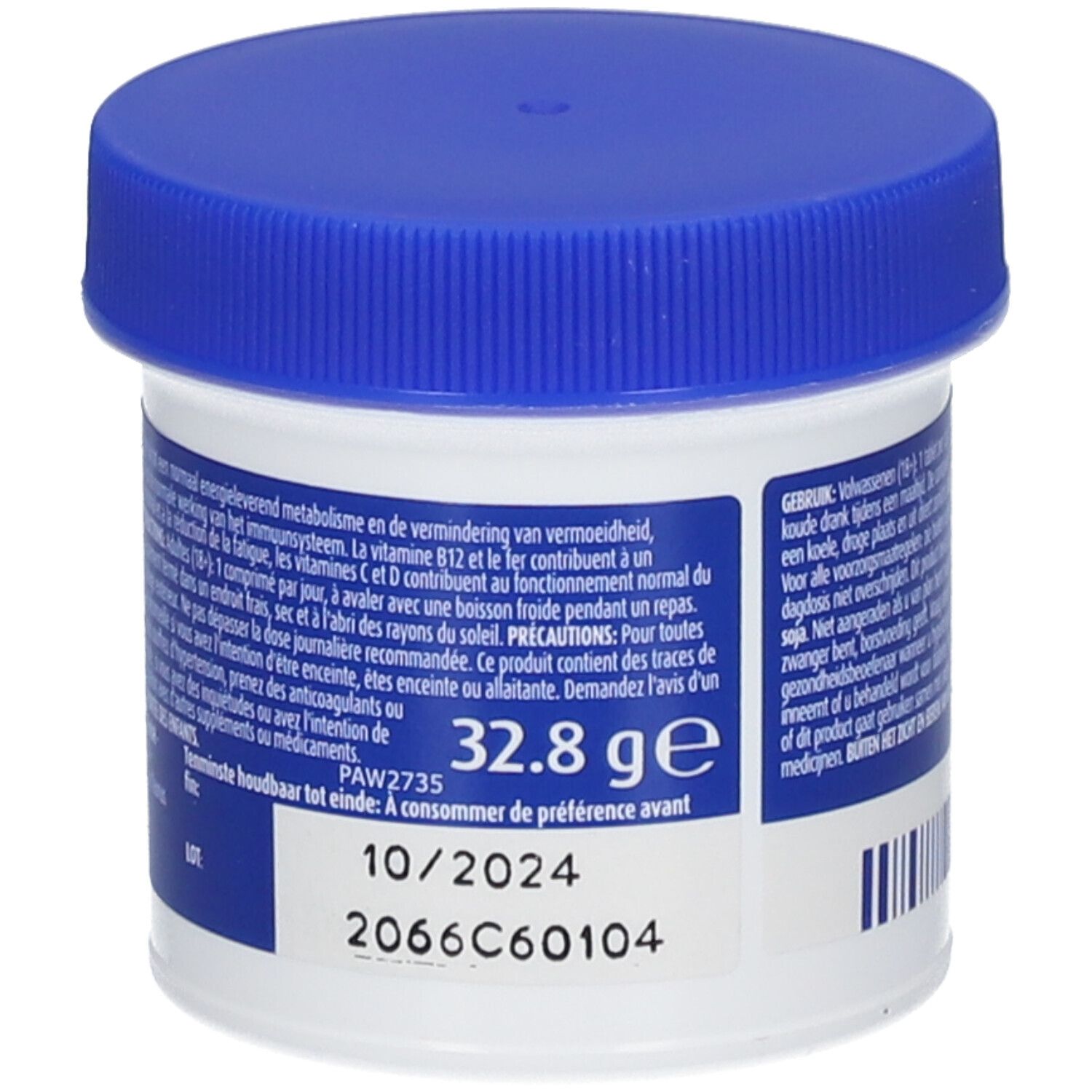 Dos d'un pot de comprimés blanc avec couvercle bleu. Texte et design jaune. 32,8 g.