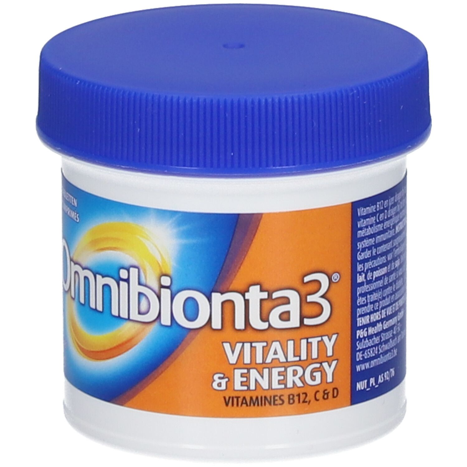 Pot de comprimés blanc avec couvercle bleu. Inscription: Omnibionta3 Vitalité & Énergie. 30 comprimés.