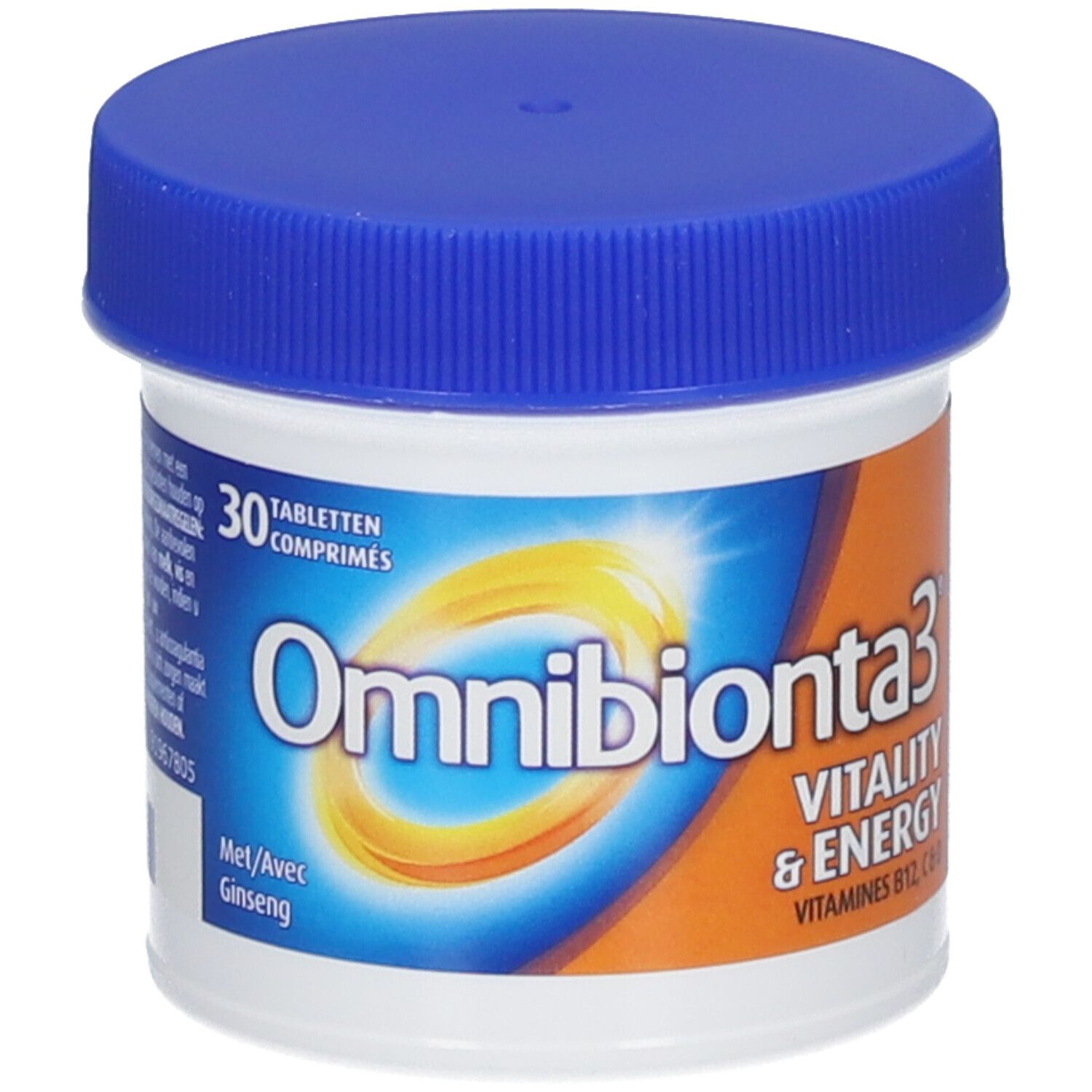 Boîte blanche avec couvercle bleu. Inscription: Omnibionta3 Vitalité & Énergie. 30 comprimés.
