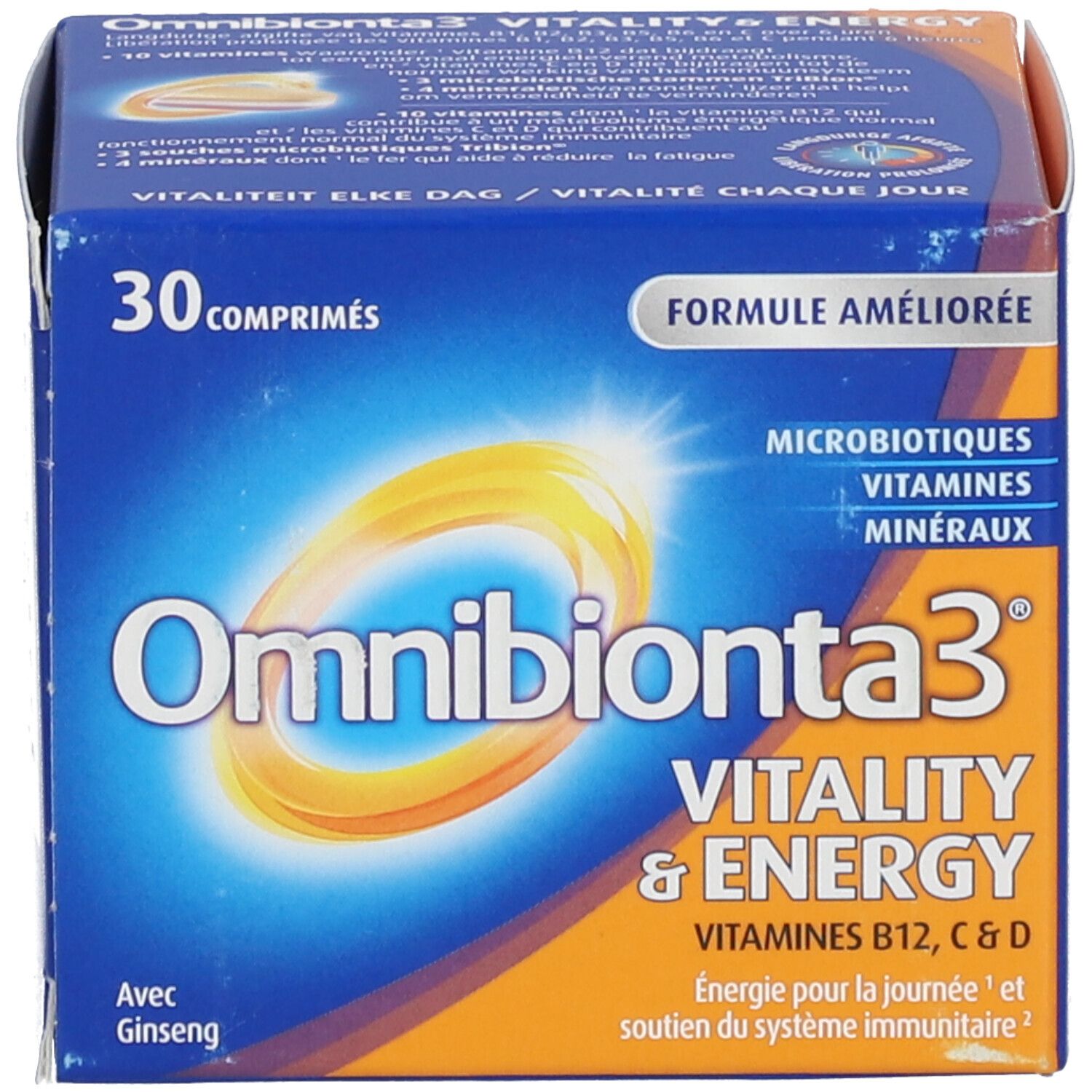 Emballage en carton avec inscription Omnibionta3 Vitalité & Énergie. 30 comprimés. Design jaune et bleu.