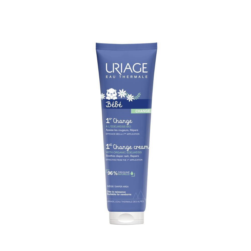 Blauwe tube. URIAGE Bébé 1st Change Cream. 96% natuurlijke ingrediënten. Witte achtergrond.