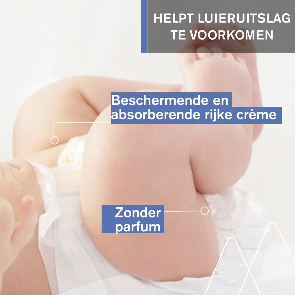 Babybenen in luier. Tekst: Helpt luieruitslag te voorkomen. Zonder parfum.