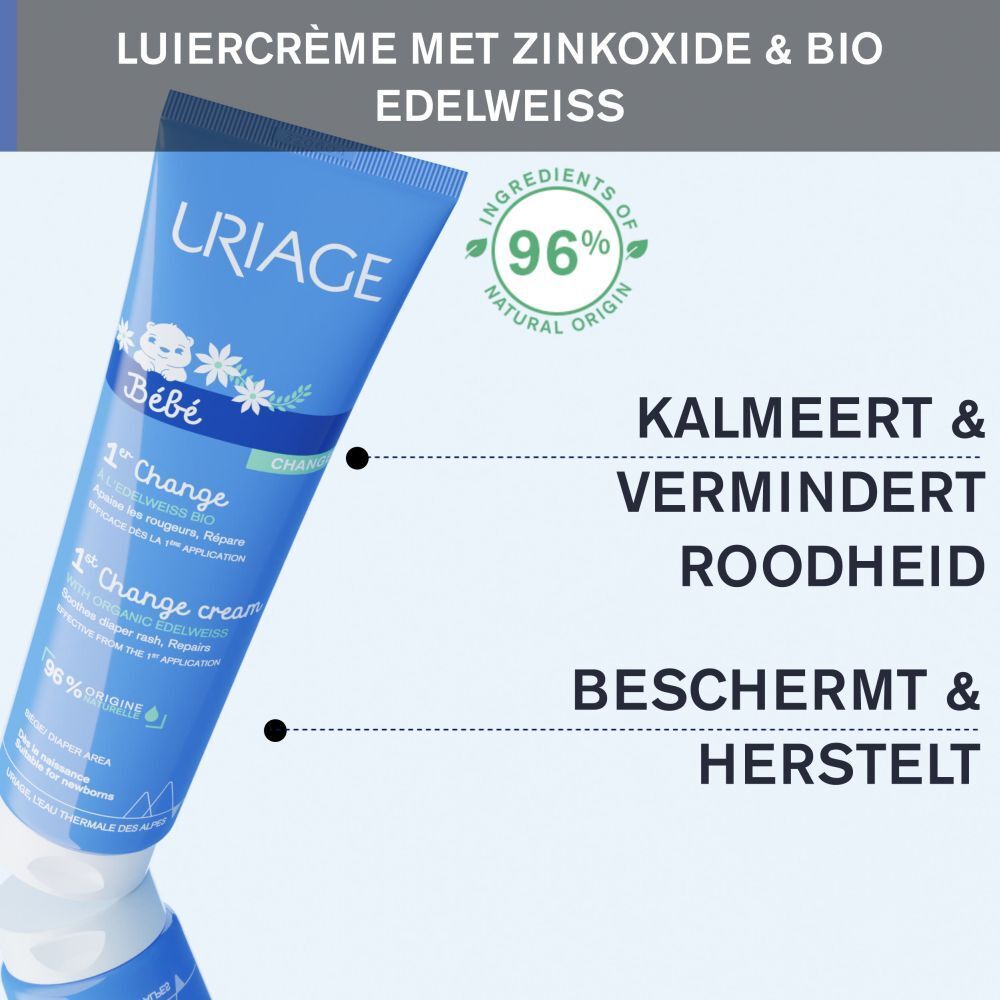 Blauwe tube. URIAGE Bébé 1st Change Cream. Vermindert roodheid. Beschermt en herstelt.