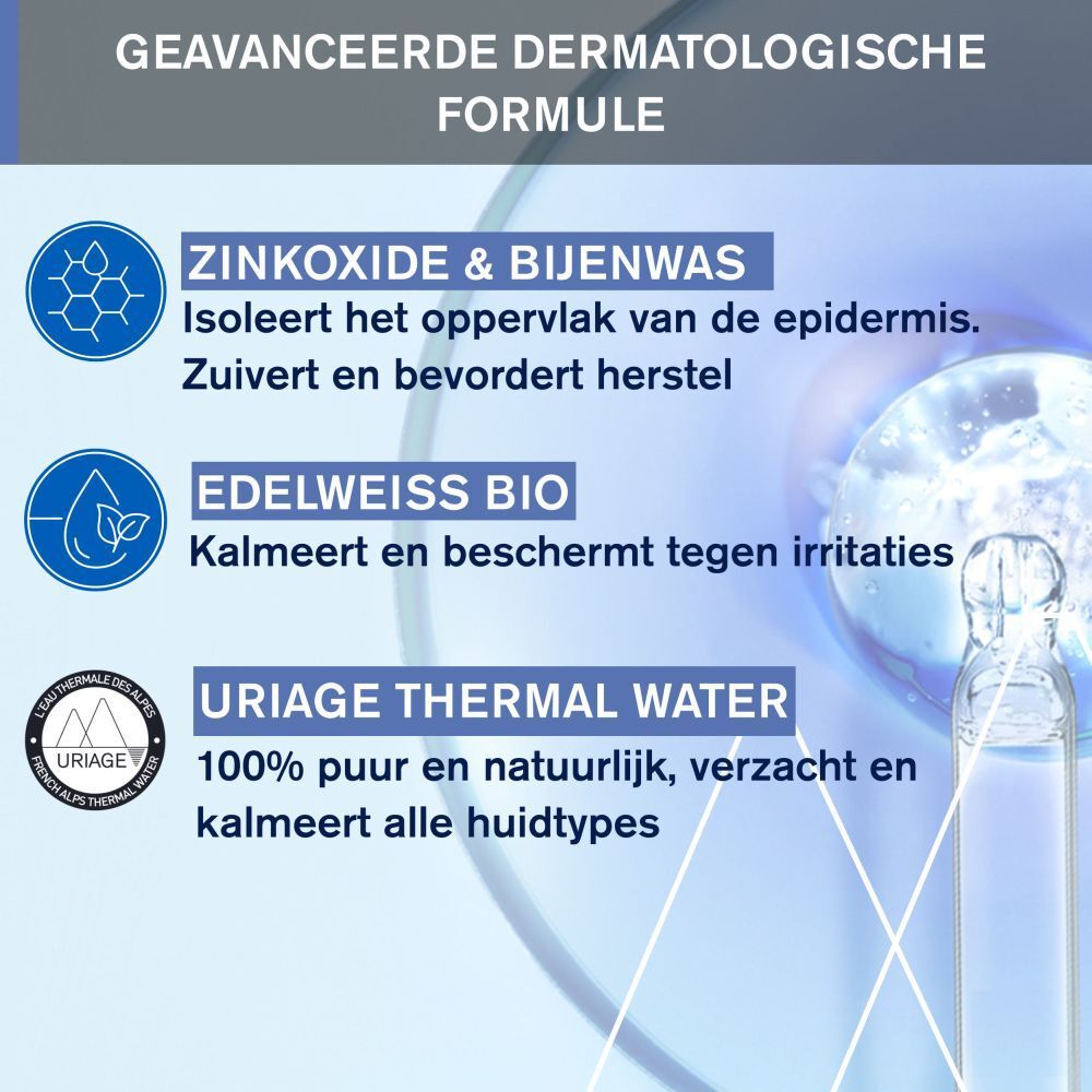 Blauwe tube. Tekst over zinkoxide, bijenwas, edelweiss, URIAGE thermaal water.