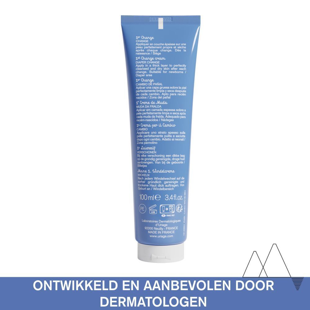 Achterkant van de blauwe tube. Meertalige tekst. URIAGE, 100ml, 3.4fl.oz. Aanbevolen door dermatologen.