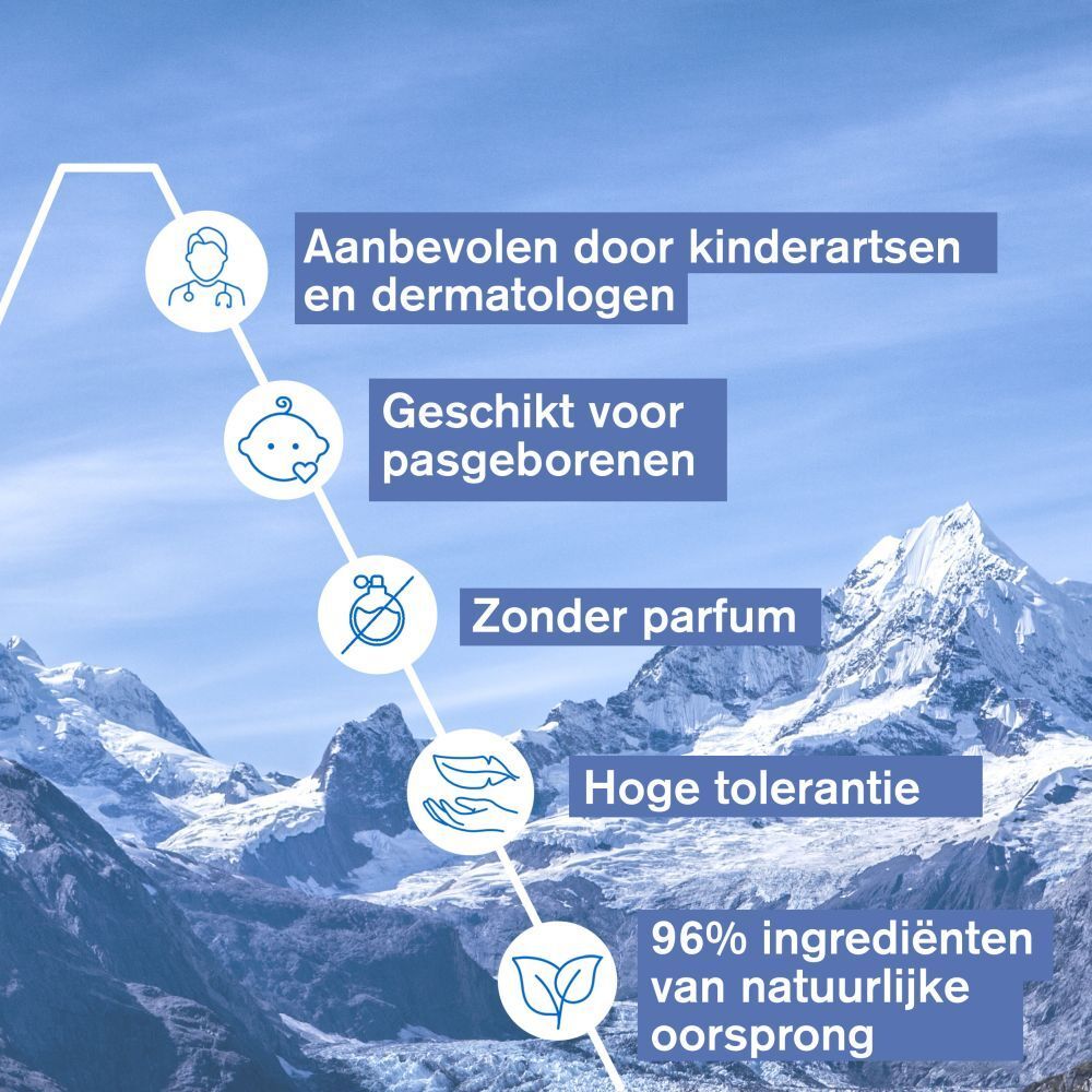 Tekst over dermatologen en kinderartsen. Geschikt voor pasgeborenen. Zonder parfum.