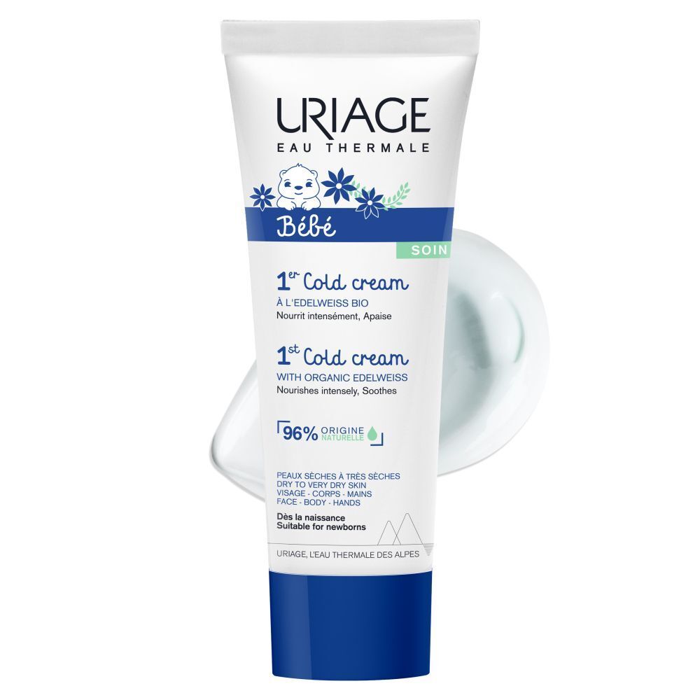 Uriage Bébé 1st Cold Cream tube. Wit, blauw, tekst en logo.