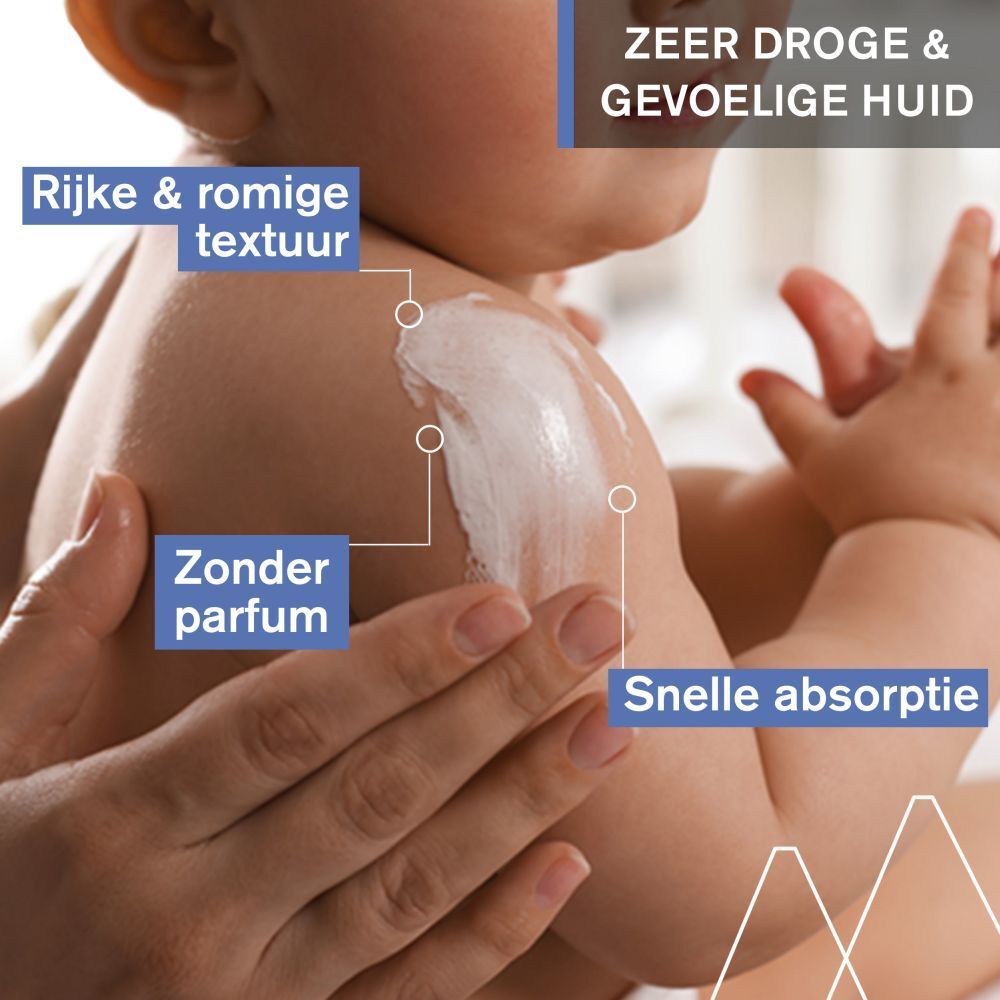 Babyhuid met crème. Tekst: zonder parfum, snelle absorptie.