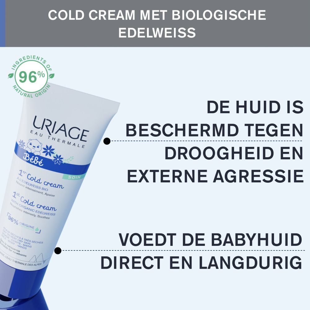 Uriage Bébé 1st Cold Cream tube. Tekst: beschermt tegen droogte, voedt.
