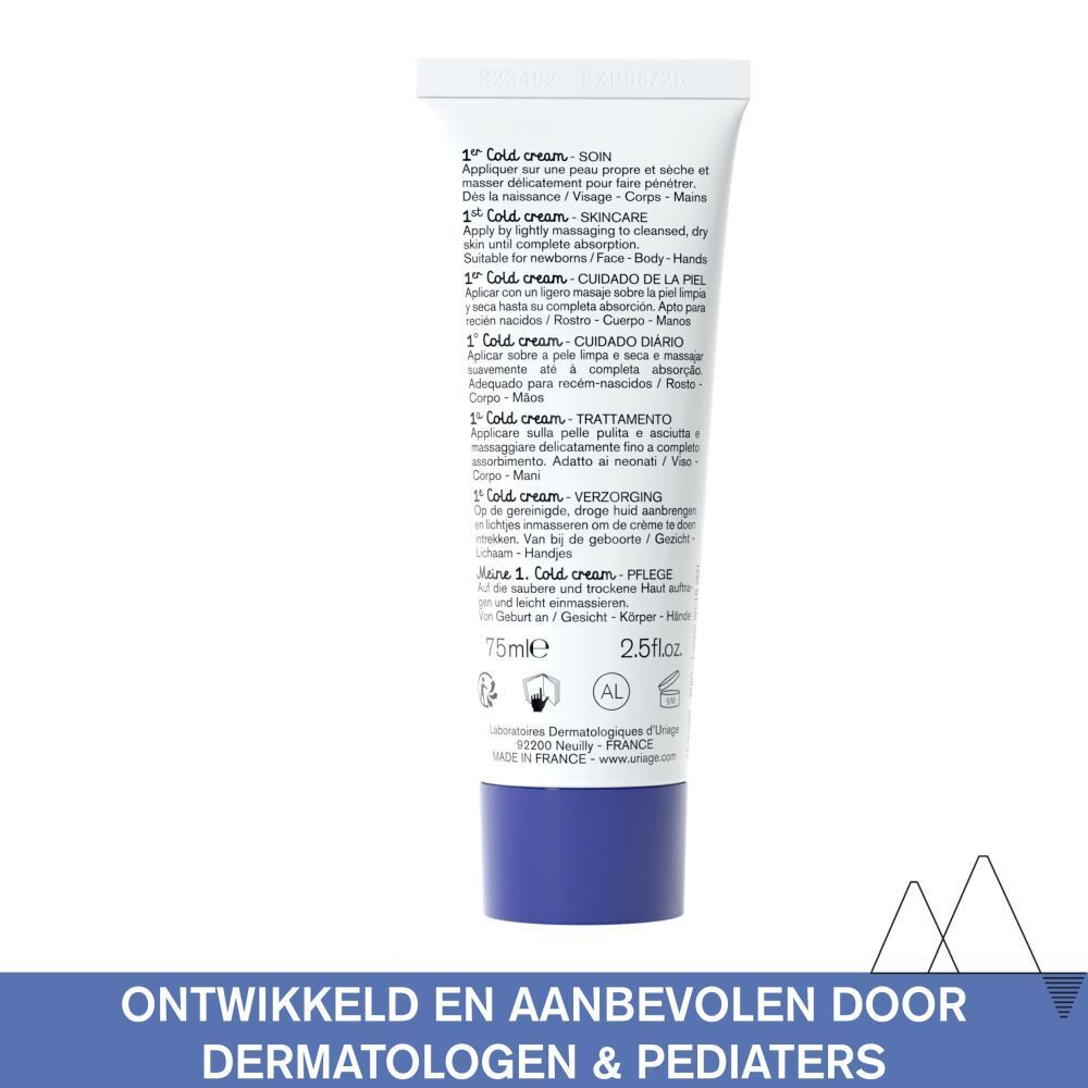 Achterkant van de Uriage Bébé 1st Cold Cream tube. Tekst en logo.