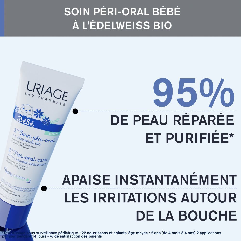 Uriage Bébé 1er Soin péri-oral. Texte et graphiques. 95% de peau réparée et purifiée.