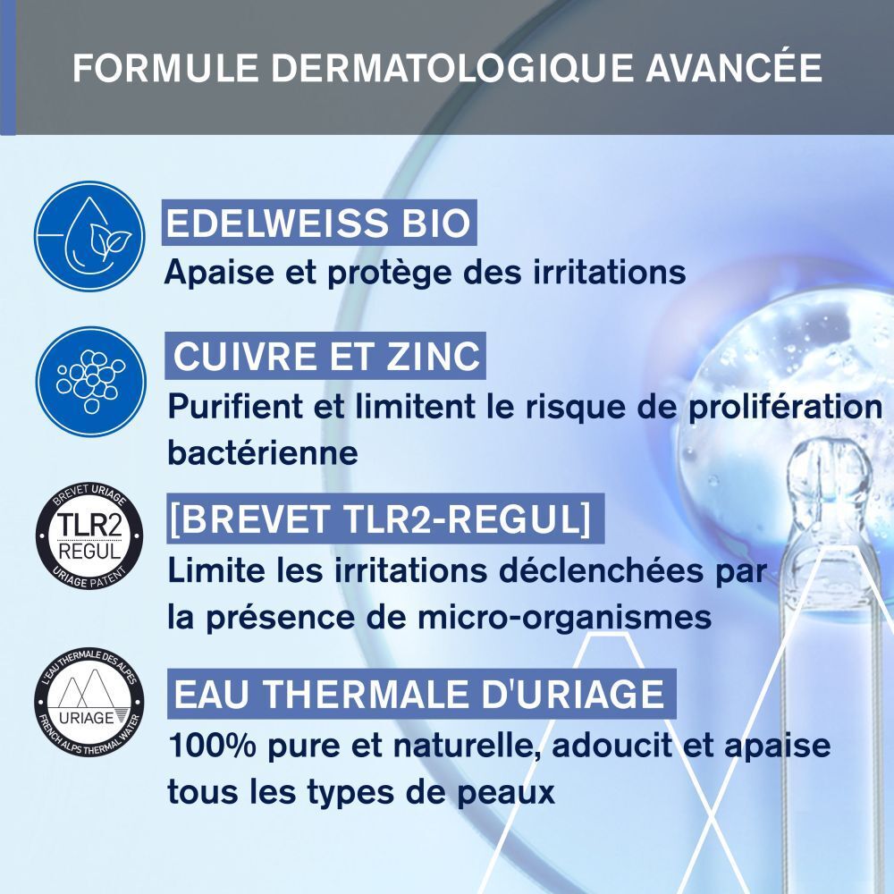 Uriage Bébé 1er Soin péri-oral. Graphique avec ingrédients. Edelweiss Bio, Cuivre et Zinc, TLR2-Regul.