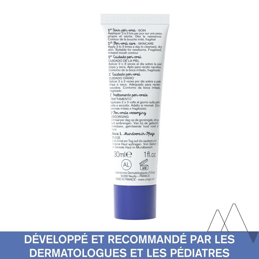 Dos du tube Uriage Bébé 1er Soin péri-oral. Texte multilingue. 30ml, 1 fl.oz.