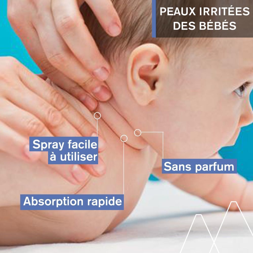 Gros plan d'un bébé. Texte: Peaux irritées des bébés. Spray facile à utiliser.